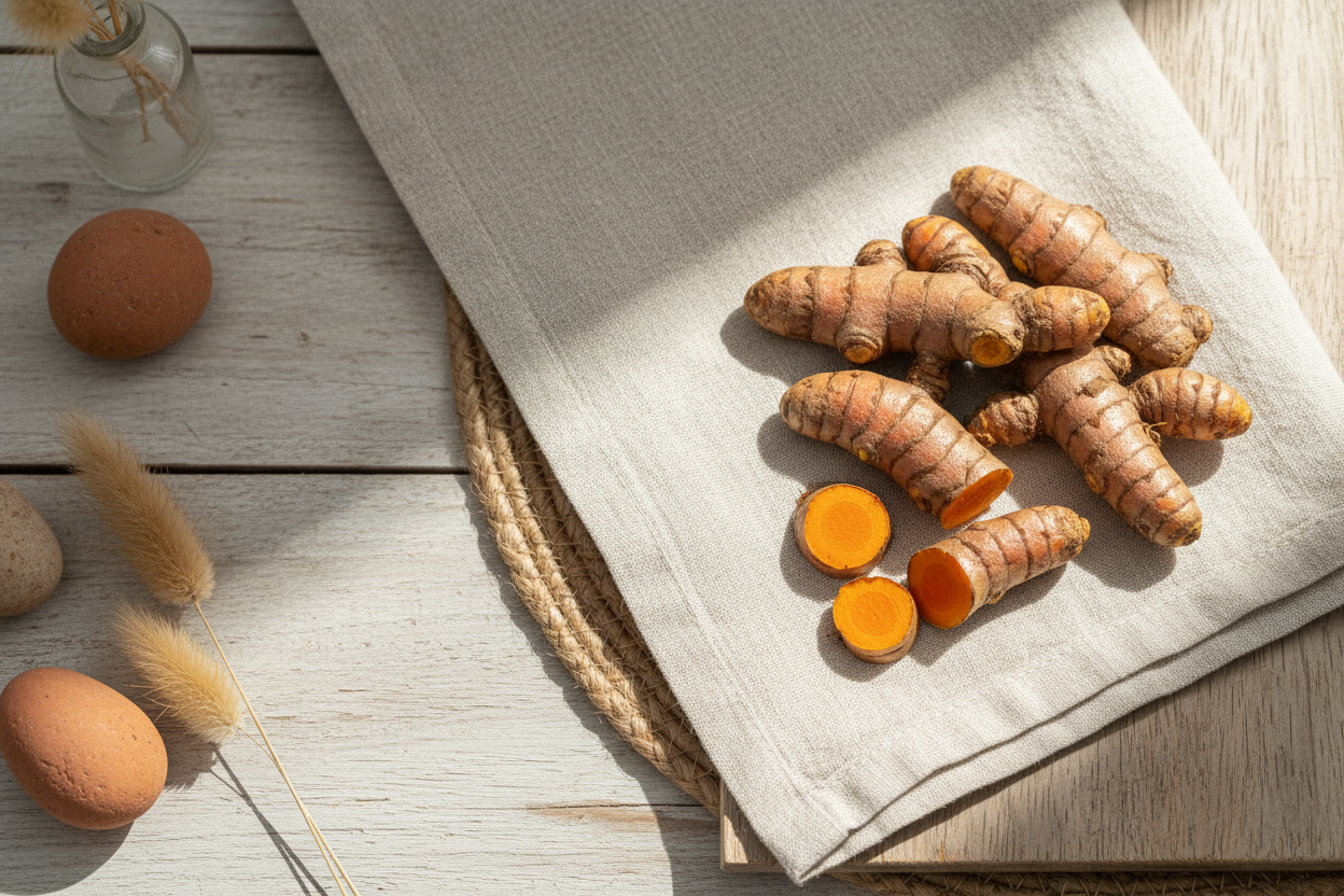 turmeric in a natural hippie casual minimilastic style setting with turmeric as the focus on the right siide of image